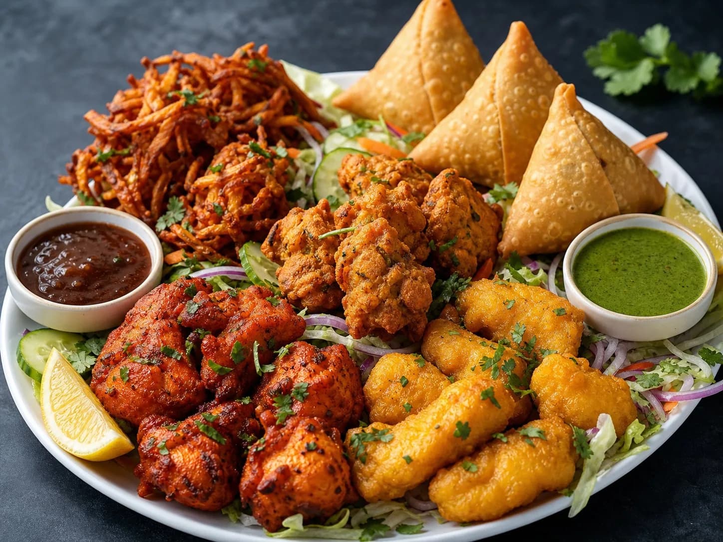 Spice Fusion appetisers with onion bhaji, samosa and pakora